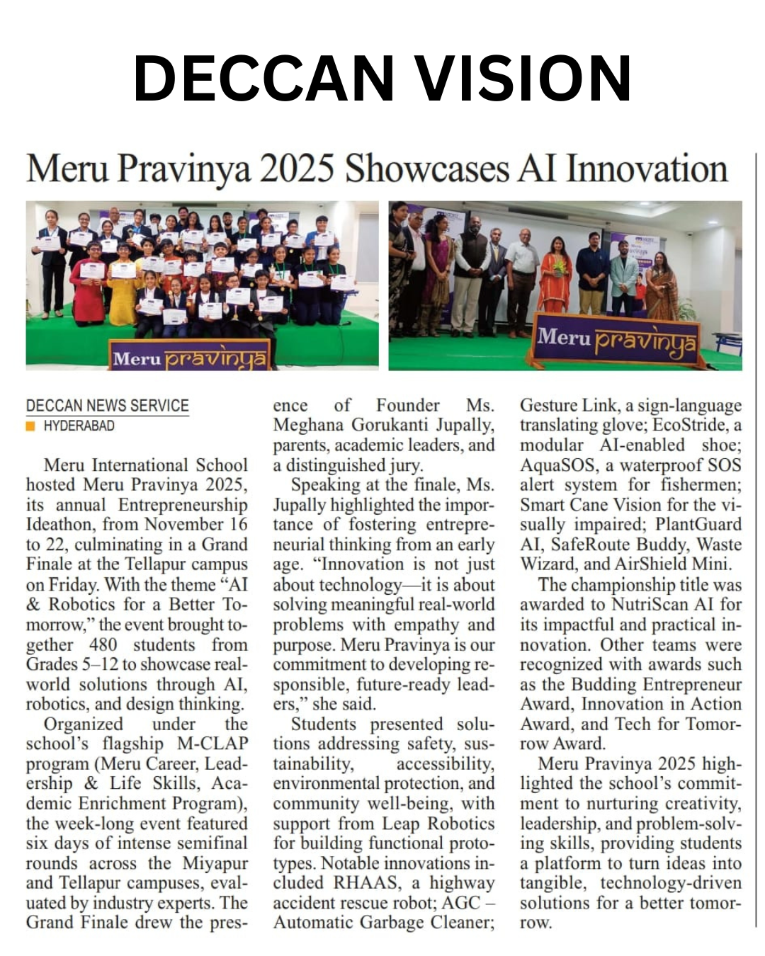 Meru Pravinya 2025: Innovating with AI & Robotics media coverage at Meru International School