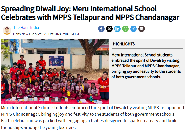 Meru Diwali Joy with MPPS Tellapur and MPPS Chandanagar media coverage at Meru International School
