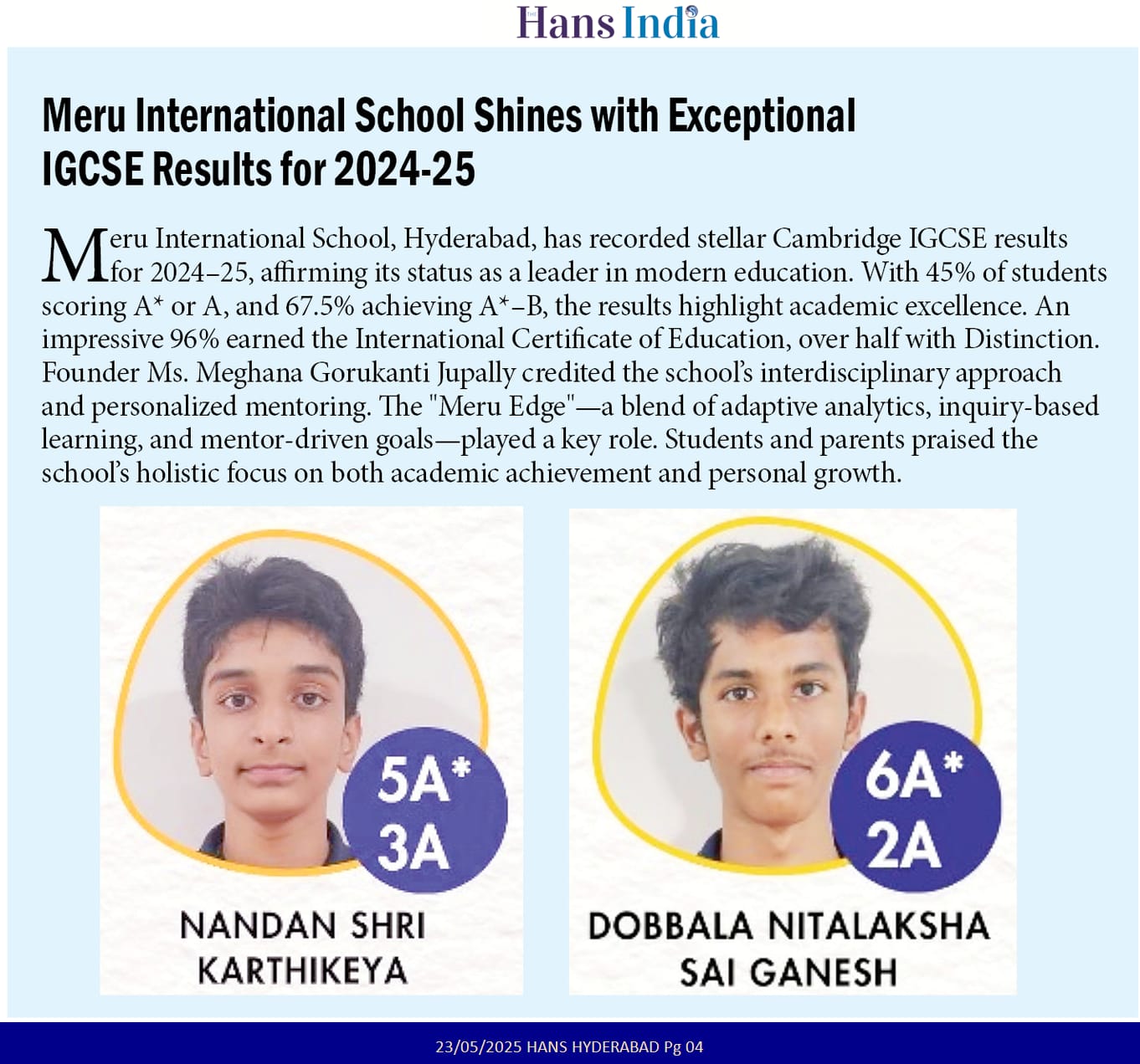 Meru International School celebrates stellar Cambridge IGCSE results (2024–25) media coverage at Meru International School