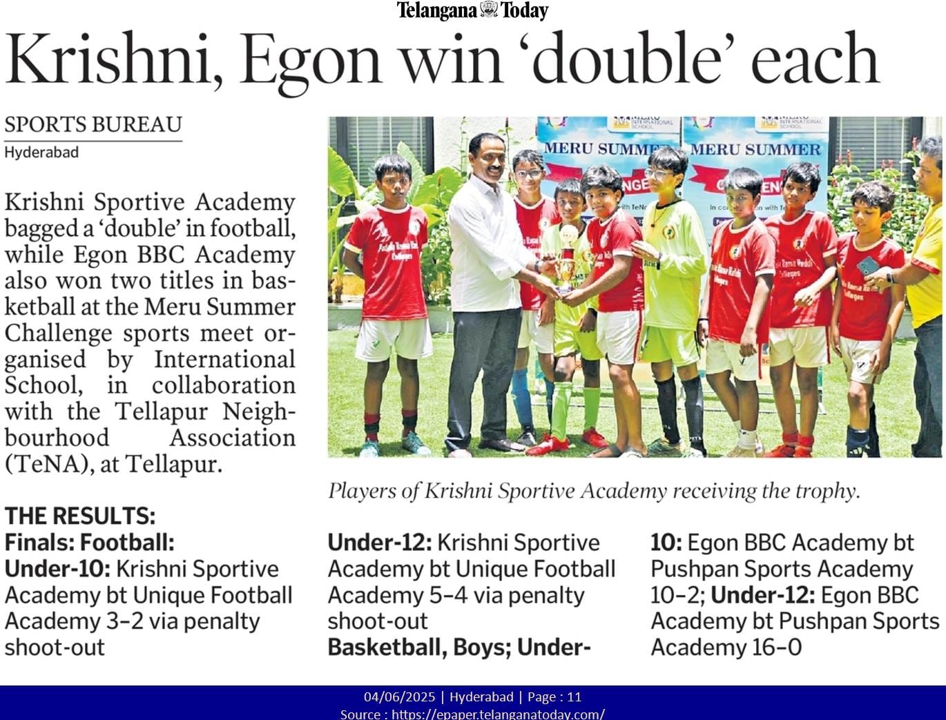 Meru Summer Challenge 2024: A Weekend of Sports, Spirit, and Community at Tellapur media coverage at Meru International School